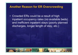 Another Reason for ER Overcrowding


• Crowded ERs could be a result of high
  inpatient occupancy rates (no available beds)
  and inefficient inpatient stays (poorly planned
  discharges, longer length of stay, etc.)




                                           52
 