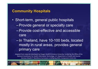 Community Hospitals

• Short-term, general public hospitals
  – Provide general or specialty care
  – Provide cost-effective and accessible
    care
  – In Thailand, have 10-100 beds, located
    mostly in rural areas, provides general
    primary care
 Adapted from materials developed by Oregon Health & Science University, funded by the Office of the 
   National Coordinator for Health Information Technology, U.S. Department of Health and Human 
         Services (Health IT Workforce Curriculum v.3.0/Spring 2012, Component 1/Unit 2c).

                                                                                                        73
 