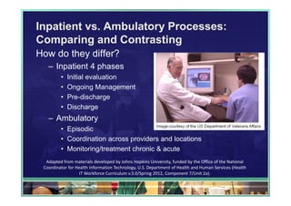 Inpatient vs. Ambulatory Processes:
Comparing and Contrasting
How do they differ?
   – Inpatient 4 phases
         •   Initial evaluation
         •   Ongoing Management
         •   Pre-discharge
         •   Discharge
   – Ambulatory
         • Episodic
         • Coordination across providers and locations
         • Monitoring/treatment chronic & acute
  Adapted from materials developed by Johns Hopkins University, funded by the Office of the National 
 Coordinator for Health Information Technology, U.S. Department of Health and Human Services (Health 
                   IT Workforce Curriculum v.3.0/Spring 2012, Component 7/Unit 2a).
 