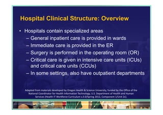 Hospital Clinical Structure: Overview
• Hospitals contain specialized areas
  – General inpatient care is provided in wards
  – Immediate care is provided in the ER
  – Surgery is performed in the operating room (OR)
  – Critical care is given in intensive care units (ICUs)
    and critical care units (CCUs)
  – In some settings, also have outpatient departments


  Adapted from materials developed by Oregon Health & Science University, funded by the Office of the 
    National Coordinator for Health Information Technology, U.S. Department of Health and Human 
          Services (Health IT Workforce Curriculum v.3.0/Spring 2012, Component 1/Unit 2c).

                                                                                                         90
 