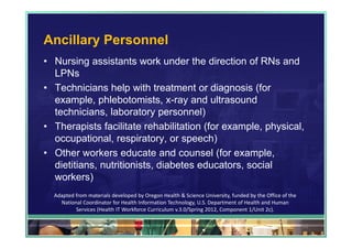 Ancillary Personnel
• Nursing assistants work under the direction of RNs and
  LPNs
• Technicians help with treatment or diagnosis (for
  example, phlebotomists, x-ray and ultrasound
  technicians, laboratory personnel)
• Therapists facilitate rehabilitation (for example, physical,
  occupational, respiratory, or speech)
• Other workers educate and counsel (for example,
  dietitians, nutritionists, diabetes educators, social
  workers)
  Adapted from materials developed by Oregon Health & Science University, funded by the Office of the 
    National Coordinator for Health Information Technology, U.S. Department of Health and Human 
          Services (Health IT Workforce Curriculum v.3.0/Spring 2012, Component 1/Unit 2c).

                                                                                                         96
 
