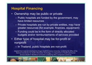 Hospital Financing
• Ownership may be public or private
   – Public hospitals are funded by the government, may
     have limited resources
   – Private hospitals are run by private entities, may have
     greater resources (for example, finances, equipment)
   – Funding could be in the form of directly allocated
     budgets and/or reimbursements of services provided
• Either type of hospital may be for-profit or
  nonprofit
   – In Thailand, public hospitals are non-profit
  Adapted from materials developed by Oregon Health & Science University, funded by the Office of the 
    National Coordinator for Health Information Technology, U.S. Department of Health and Human 
          Services (Health IT Workforce Curriculum v.3.0/Spring 2012, Component 1/Unit 2c).

                                                                                                         99
 