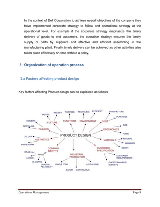 In the context of Dell Corporation to achieve overall objectives of the company they
   have implemented corporate strategy to follow and operational strategy at the
   operational level. For example if the corporate strategy emphasize the timely
   delivery of goods to end customers, the operation strategy ensures the timely
   supply of parts by suppliers and effective and efficient assembling in the
   manufacturing plant. Finally timely delivery can be achieved as other activities also
   taken place effectively on-time without a delay.


3. Organization of operation process


 3.a Factors affecting product design


Key factors affecting Product design can be explained as follows




Operations Management                                                             Page 9
 