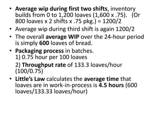 • Average wip during first two shifts, inventory
  builds from 0 to 1,200 loaves (1,600 x .75). (Or
  800 loaves x 2 shifts x .75 pkg.) = 1200/2
• Average wip during third shift is again 1200/2
• The overall average WIP over the 24-hour period
  is simply 600 loaves of bread.
• Packaging process in batches.
  1) 0.75 hour per 100 loaves
  2) Throughput rate of 133.3 loaves/hour
  (100/0.75)
• Little’s Law calculates the average time that
  loaves are in work-in-process is 4.5 hours (600
  loaves/133.33 loaves/hour)
 