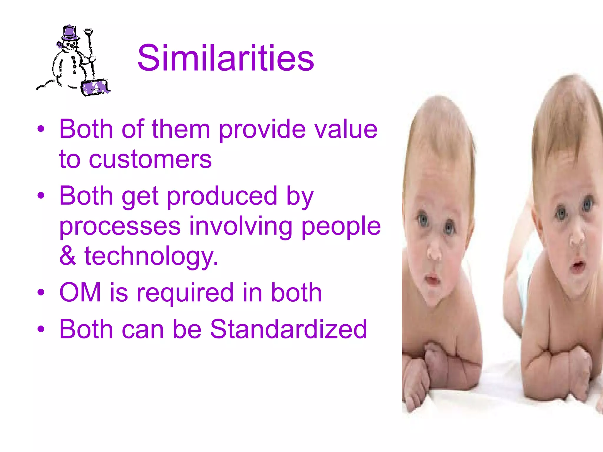 Similarities  Both of them provide value to customers  Both get produced by processes involving people & technology.  OM is required in both Both can be Standardized  