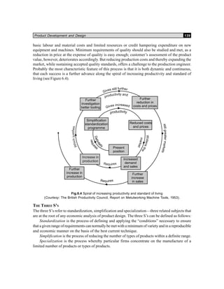 Product Development and Design 139
basic labour and material costs and limited resources or credit hampering expenditure on new
equipment and machines. Minimum requirements of quality should also be studied and met, as a
reduction in price at the expense of quality is easy enough; customer’s assessment of the product
value, however, deteriorates accordingly. But reducing production costs and thereby expanding the
market, while sustaining accepted quality standards, offers a challenge to the production engineer.
Probably the most characteristic feature of this process is that it is both dynamic and continuous,
that each success is a further advance along the spiral of increasing productivity and standard of
living (see Figure 6.4).
Fig.6.4 Spiral of increasing productivity and standard of living
(Courtesy: The British Productivity Council, Report on Metulworking Machine Tools, 1953).
THE THREE S’S
The three S’s refer to standardization, simplification and specialization—three related subjects that
are at the root of any economic analysis of product design. The three S’s can be defined as follows:
Standardization is the process of defining and applying the “conditions” necessary to ensure
that a given range of requirements can normally be met with a minimum of variety and in a reproducible
and economic manner on the basis of the best current technique.
Simplification is the process of reducing the number of types of products within a definite range.
Specialization is the process whereby particular firms concentrate on the manufacture of a
limited number of products or types of products.
 