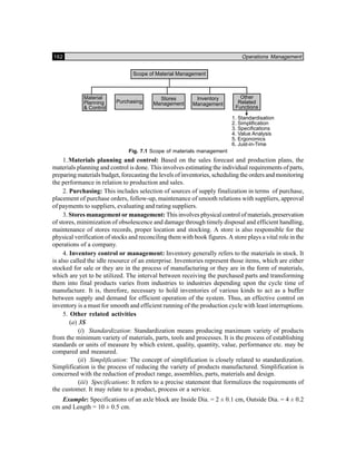 162 Operations Management
Fig. 7.1 Scope of materials management
1.Materials planning and control: Based on the sales forecast and production plans, the
materials planning and control is done. This involves estimating the individual requirements of parts,
preparing materials budget, forecasting the levels of inventories, scheduling the orders and monitoring
the performance in relation to production and sales.
2. Purchasing: This includes selection of sources of supply finalization in terms of purchase,
placement of purchase orders, follow-up, maintenance of smooth relations with suppliers, approval
of payments to suppliers, evaluating and rating suppliers.
3. Stores management or management: This involves physical control of materials, preservation
of stores, minimization of obsolescence and damage through timely disposal and efficient handling,
maintenance of stores records, proper location and stocking. A store is also responsible for the
physical verification of stocks and reconciling them with book figures. A store plays a vital role in the
operations of a company.
4. Inventory control or management: Inventory generally refers to the materials in stock. It
is also called the idle resource of an enterprise. Inventories represent those items, which are either
stocked for sale or they are in the process of manufacturing or they are in the form of materials,
which are yet to be utilized. The interval between receiving the purchased parts and transforming
them into final products varies from industries to industries depending upon the cycle time of
manufacture. It is, therefore, necessary to hold inventories of various kinds to act as a buffer
between supply and demand for efficient operation of the system. Thus, an effective control on
inventory is a must for smooth and efficient running of the production cycle with least interruptions.
5. Other related activities
(a) 3S
(i) Standardization: Standardization means producing maximum variety of products
from the minimum variety of materials, parts, tools and processes. It is the process of establishing
standards or units of measure by which extent, quality, quantity, value, performance etc. may be
compared and measured.
(ii) Simplification: The concept of simplification is closely related to standardization.
Simplification is the process of reducing the variety of products manufactured. Simplification is
concerned with the reduction of product range, assemblies, parts, materials and design.
(iii) Specifications: It refers to a precise statement that formulizes the requirements of
the customer. It may relate to a product, process or a service.
Example: Specifications of an axle block are Inside Dia. = 2 ± 0.1 cm, Outside Dia. = 4 ± 0.2
cm and Length = 10 ± 0.5 cm.
 