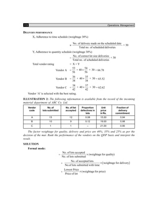 172 Operations Management
DELIVERY PERFORMANCE
X, Adherence to time schedule (weightage 30%)
=
No. of delivery made on the scheduled date
Total no. of scheduled deliveries
× 30
Y, Adherence to quantity schedule (weightage 30%)
=
No. of correct lot size deliveries
Total no. of scheduled deliveries
× 30
Total vendor rating = X + Y
Vendor A =
53
56
× 40
54
56
30+ × = 66.78
Vendor B =
36
38
40
35
38
30× ×+ = 65.52
Vendor C =
38
42
40
37
42
30× ×+ = 62.62
Vendor ‘A’ is selected with the best rating.
ILLUSTRATION 2: The following information is available from the record of the incoming
material department of ABC Co. Ltd.
Vendor No. of No. of list Proportion Unit Fraction of
code lots submitted accepted defectives in price delivery
lots in Rs. commitment
A 15 12 0.08 15.00 0.94
B 10 9 0.12 19.00 0.98
C 1 1 – 21.00 0.90
The factor weightage for quality, delivery and price are 40%, 35% and 25% as per the
decision of the mar. Rank the performance of the vendors on the QDP basis and interpret the
result.
SOLUTION
Formal mode:
=
No. of lots accepted
(weightage for quality)
No. of lots submitted
×
+ ( )
No. of accepted lots
weightage for delivery
No.of lots submitted with time
×
+
Lowest Price
(weightage for price)
Price of lot
×
 