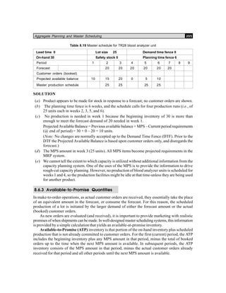 Aggregate Planning and Master Scheduling 205
Table 8.19 Master schedule for TR28 blood analyzer unit
Lead time 0 Lot size 25 Demand time fence 0
On-hand 30 Safety stock 0 Planning time fence 6
Period 1 2 3 4 5 6 7 8 9
Forecast 20 20 20 20 20 20
Customer orders (booked)
Projected available balance 10 15 20 0 5 10
Master production schedule 25 25 25 25
SOLUTION
(a) Product appears to be made for stock in response to a forecast; no customer orders are shown.
(b) The planning time fence is 6 weeks, and the schedule calls for four production runs (i.e., of
25 units each in weeks 2, 3, 5, and 6).
(c) No production is needed in week 1 because the beginning inventory of 30 is more than
enough to meet the forecast demand of 20 needed in week 1.
Projected Available Balance = Previous available balance + MPS – Current period requirements
(@ end of period) = 30 + 0 – 20 = 10 units.
(Note: No changes are normally accepted up to the Demand Time Fence (DTF). Prior to the
DTF the Projected Available Balance is based upon customer orders only, and disregards the
forecast.)
(d) The MPS amount in week 3 (25 units). All MPS items become projected requirements in the
MRP system.
(e) We cannot tell the extent to which capacity is utilized without additional information from the
capacity planning system. One of the uses of the MPS is to provide the information to drive
rough-cut capacity planning. However, no production of blood analyzer units is scheduled for
weeks 1 and 4, so the production facilities might be idle at that time-unless they are being used
for another product.
8.6.3 Available-to-Promise Quantities
In make-to-order operations, as actual customer orders are received, they essentially take the place
of an equivalent amount in the forecast, or consume the forecast. For this reason, the scheduled
production of a lot is initiated by the larger demand of either the forecast amount or the actual
(booked) customer orders.
As new orders are evaluated (and received), it is important to provide marketing with realistic
promises of when shipments can be made. In well-designed master scheduling systems, this information
is provided by a simple calculation that yields an available-at-promise inventory.
Available-to-Promise (ATP) inventory is that portion of the on-hand inventory plus scheduled
production that is not already committed to customer orders. For the first (current) period, the ATP
includes the beginning inventory plus any MPS amount in that period, minus the total of booked
orders up to the time when the next MPS amount is available. In subsequent periods, the ATP
inventory consists of the MPS amount in that period, minus the actual customer orders already
received for that period and all other periods until the next MPS amount is available.
 