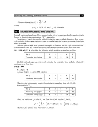 Scheduling and Controlling Production Activities 239
Number of tardy jobs: NT
=
1
( )
n
j
j
f T
=
∑
where
f (Tj
) = I, if Tj
> 0, and f (Tj
) = 0, otherwise.
10.4 SHORTEST PROCESSING TIME (SPT) RULE
In single machine scheduling problem, sequencing the jobs in increasing order of processing time is
known as the shortest processing time (SPT) sequencing.
Sometimes we may be interested in minimizing the time spent by jobs in the system. This, in turn,
will minimize the in-process inventory. Also, we may be interested in rapid turnaround/throughput
times of the jobs.
The time spent by a job in the system is nothing but its flowtime, and the ‘rapid turnaround time’
is its mean flow time (F). Shortest processing time (SPT) rule minimizes the mean flow time.
ILLUSTRATION 1: Consider the following single machine-scheduling problem.
Job (j) 1 2 3 4 5
Processing time (t) (hrs) 15 4 5 14 8
Find the optimal sequence, which will minimize the mean flow time and also obtain the
minimum mean flow time.
SOLUTION
No. of jobs = 5
Arrange the jobs as per the SPT ordering
Job (j) 2 3 5 4 1
Processing time (t) (hrs) 4 5 8 14 15
Therefore, the job sequence, which will minimize the mean flow time, is 2-3-5-4-1.
Computation of Fmin
Job (j) 2 3 5 4 1
Processing time (t) (hrs) 4 5 8 14 15
Completion time (Cj) (Fj) 4 9 17 31 46
Since, the ready time rj
= 0 for all j, the flow time (Fj
) is equal to Cj
for all j.
F =
1
1 1 1
(4 9 17 31 46) (107) 21.4
5 5
n
j
j
F
n =
= + + + + = =∑ hours
Therefore, the optimal mean flow time = 21.4 hours.
 