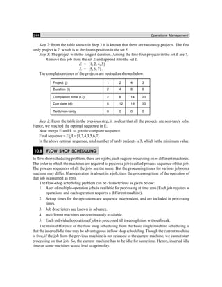 244 Operations Management
Step 2: From the table shown in Step 3 it is known that there are two tardy projects. The first
tardy project is 7, which is at the fourth position in the set E.
Step 3: The project with the longest duration. Among the first-four projects in the set E are 7.
Remove this job from the set E and append it to the set L.
E = {1, 2, 4, 3}
L = {5, 6, 7}.
The completion times of the projects are revised as shown below:
Project (j) 1 2 4 3
Duration (t) 2 4 8 6
Completion time (Cj
) 2 6 14 20
Due date (dj
) 6 12 19 30
Tardy/non-tardy 0 0 0 0
Step 2: From the table in the previous step, it is clear that all the projects are non-tardy jobs.
Hence, we reached the optimal sequence in E.
Now merge E and L to get the complete sequence.
Final sequence = E L={1,2,4,3,5,6,7}
In the above optimal sequence, total number of tardy projects is 3, which is the minimum value.
10.8 FLOW SHOP SCHEDULING
In flow shop scheduling problem, there are n jobs; each require processing on m different machines.
The order in which the machines are required to process a job is called process sequence of that job.
The process sequences of all the jobs are the same. But the processing times for various jobs on a
machine may differ. If an operation is absent in a job, then the processing time of the operation of
that job is assumed as zero.
The flow-shop scheduling problem can be characterized as given below:
1. A set of multiple-operation jobs is available for processing at time zero (Each job requires m
operations and each operation requires a different machine).
2. Set-up times for the operations are sequence independent, and are included in processing
times.
3. Job descriptors are known in advance.
4. m different machines are continuously available.
5. Each individual operation of jobs is processed till its completion without break.
The main difference of the flow shop scheduling from the basic single machine scheduling is
that the inserted idle time may be advantageous in flow shop scheduling. Though the current machine
is free, if the job from the previous machine is not released to the current machine, we cannot start
processing on that job. So, the current machine has to be idle for sometime. Hence, inserted idle
time on some machines would lead to optimality.
 
