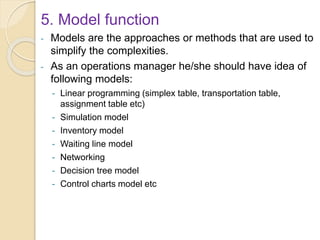 5. Model function
- Models are the approaches or methods that are used to
simplify the complexities.
- As an operations manager he/she should have idea of
following models:
- Linear programming (simplex table, transportation table,
assignment table etc)
- Simulation model
- Inventory model
- Waiting line model
- Networking
- Decision tree model
- Control charts model etc
 