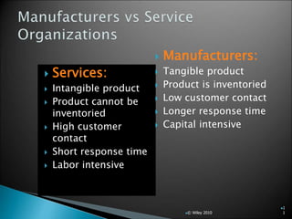 Services:
 Intangible product
 Product cannot be
inventoried
 High customer
contact
 Short response time
 Labor intensive
 Manufacturers:
 Tangible product
 Product is inventoried
 Low customer contact
 Longer response time
 Capital intensive
© Wiley 2010
1
1
 