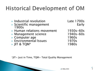  Industrial revolution Late 1700s
 Scientific management Early
1900s
 Human relations movement 1930s-60s
 Management science 1940s-60s
 Computer age 1960s
 Environmental Issues 1970s
 JIT & TQM* 1980s
*JIT= Just in Time, TQM= Total Quality Management
© Wiley 2010
1
9
 