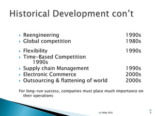  Reengineering 1990s
 Global competition 1980s
 Flexibility 1990s
 Time-Based Competition
1990s
 Supply chain Management 1990s
 Electronic Commerce 2000s
 Outsourcing & flattening of world 2000s
For long-run success, companies must place much importance on
their operations
© Wiley 2010
2
0
 