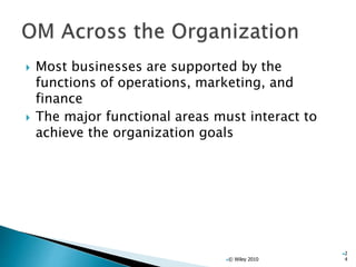  Most businesses are supported by the
functions of operations, marketing, and
finance
 The major functional areas must interact to
achieve the organization goals
© Wiley 2010
2
4
 
