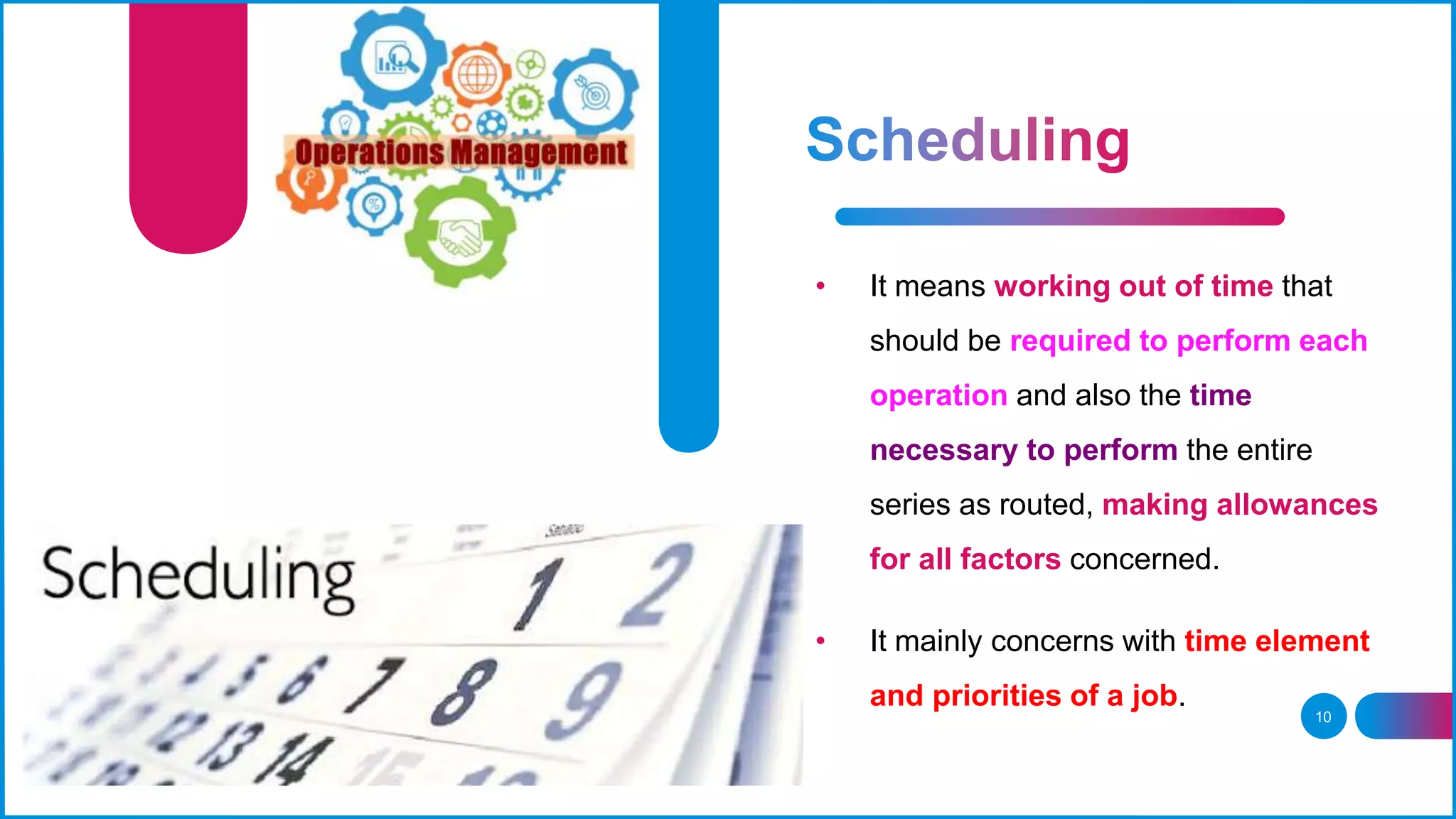 10
• It means working out of time that
should be required to perform each
operation and also the time
necessary to perform the entire
series as routed, making allowances
for all factors concerned.
• It mainly concerns with time element
and priorities of a job.
 