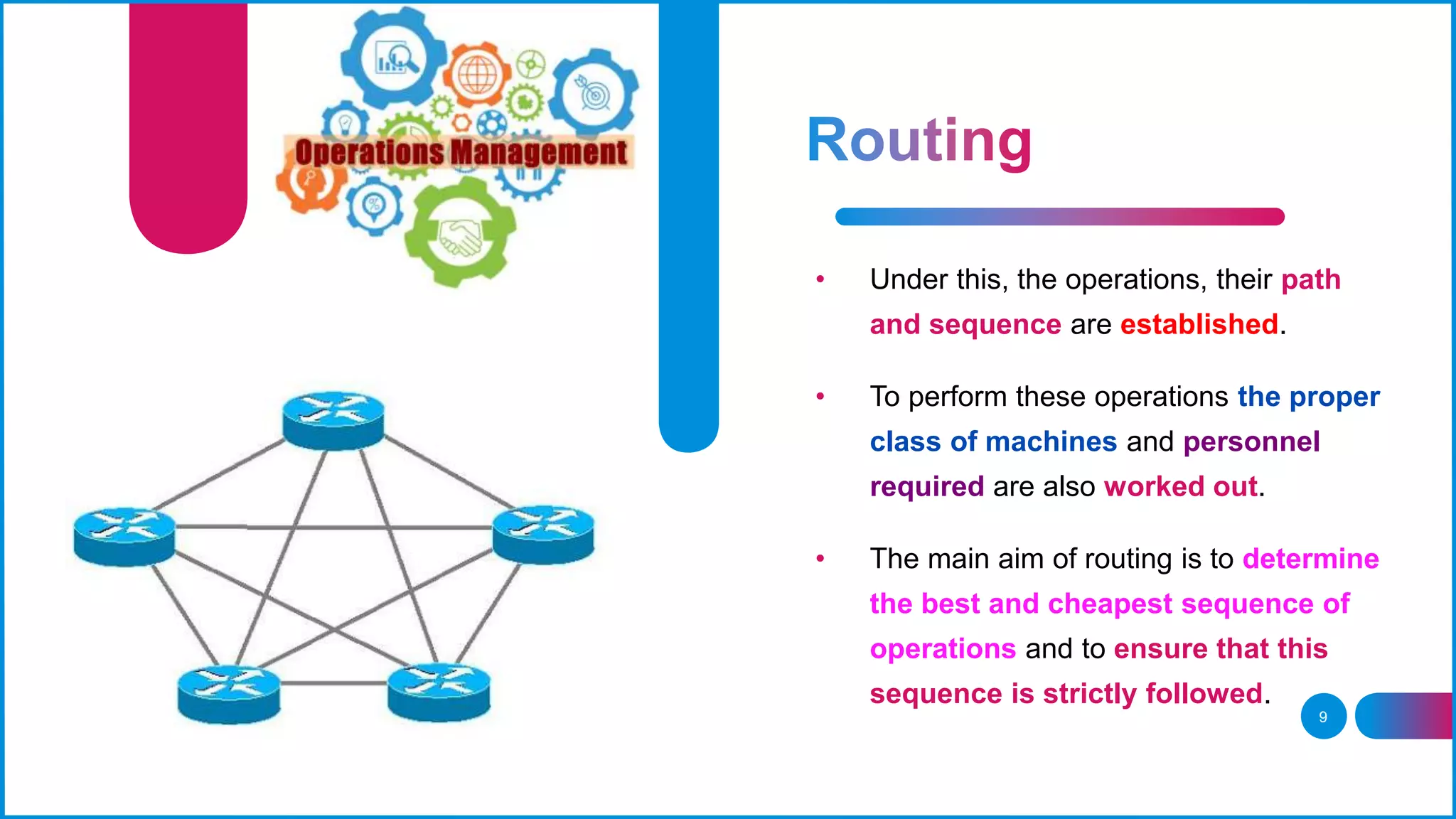 9
• Under this, the operations, their path
and sequence are established.
• To perform these operations the proper
class of machines and personnel
required are also worked out.
• The main aim of routing is to determine
the best and cheapest sequence of
operations and to ensure that this
sequence is strictly followed.
 