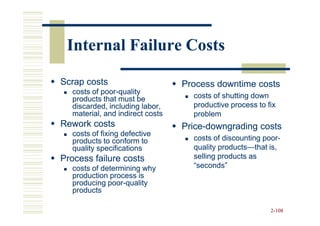 Internal Failure Costs

Scrap costs                      Process downtime costs
  costs of poor-quality
           poor-
  products that must be            costs of shutting down
  discarded, including labor,      productive process to fix
  material, and indirect costs     problem
Rework costs                     Price-
                                 Price-downgrading costs
  costs of fixing defective
  products to conform to           costs of discounting poor-
                                                        poor-
  quality specifications           quality products—that is,
                                           products—
Process failure costs              selling products as
  costs of determining why         “seconds”
  production process is
  producing poor-quality
             poor-
  products

                                                          2-108
 