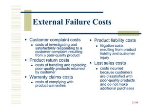 External Failure Costs

Customer complaint costs            Product liability costs
  costs of investigating and           litigation costs
  satisfactorily responding to a       resulting from product
  customer complaint resulting
  from a poor-quality product
         poor-                         liability and customer
                                       injury
Product return costs
  costs of handling and replacing   Lost sales costs
  poor-
  poor-quality products returned       costs incurred
  by customer                          because customers
Warranty claims costs                  are dissatisfied with
  costs of complying with              poor-
                                       poor-quality products
  product warranties                   and do not make
                                       additional purchases


                                                          2-109
 