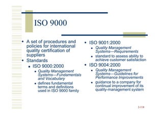 ISO 9000

A set of procedures and        ISO 9001:2000
policies for international       Quality Management
quality certification of         Systems—
                                 Systems—Requirements
suppliers                        standard to assess ability to
Standards                        achieve customer satisfaction
   ISO 9000:2000               ISO 9004:2000
     Quality Management          Quality Management
     Systems—Fundamentals
     Systems—                    Systems—
                                 Systems—Guidelines for
     and Vocabulary              Performance Improvements
     defines fundamental         guidance to a company for
     terms and definitions       continual improvement of its
     used in ISO 9000 family     quality-
                                 quality-management system



                                                         2-118
 