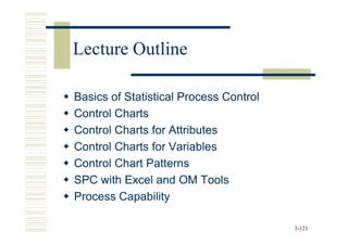Lecture Outline

Basics of Statistical Process Control
Control Charts
Control Charts for Attributes
Control Charts for Variables
Control Chart Patterns
SPC with Excel and OM Tools
Process Capability

                                        3-121
 