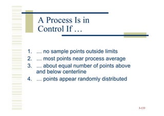 A Process Is in
   Control If …

1. … no sample points outside limits
2. … most points near process average
3. … about equal number of points above
   and below centerline
4. … points appear randomly distributed




                                          3-133
 