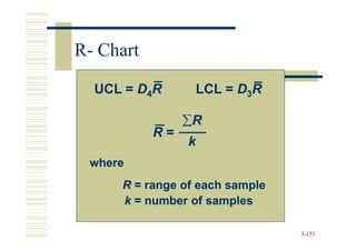 R- Chart

  UCL = D4R      LCL = D3R

                ∑R
           R=
                k
 where
     R = range of each sample
     k = number of samples

                                3-151
 