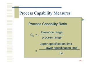 Process Capability Measures

    Process Capability Ratio

            tolerance range
     Cp =
             process range

            upper specification limit -
               lower specification limit
        =
                          6σ

                                           3-167
 