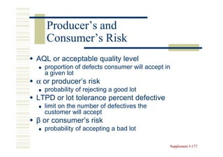 Producer’s and
   Consumer’s Risk
AQL or acceptable quality level
  proportion of defects consumer will accept in
  a given lot
α or producer’s risk
  probability of rejecting a good lot
LTPD or lot tolerance percent defective
  limit on the number of defectives the
  customer will accept
β or consumer’s risk
  probability of accepting a bad lot

                                              Supplement 3-177
                                                         3-
 