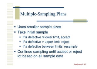 Multiple-
 Multiple-Sampling Plans

Uses smaller sample sizes
Take initial sample
   If # defective ≤ lower limit, accept
   If # defective > upper limit, reject
   If # defective between limits, resample
Continue sampling until accept or reject
lot based on all sample data

                                       Supplement 3-185
                                                  3-
 