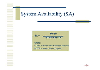 System Availability (SA)


                     MTBF
      SA =
                MTBF + MTTR

      where:
      MTBF = mean time between failures
      MTTR = mean time to repair




                                          4-200
 