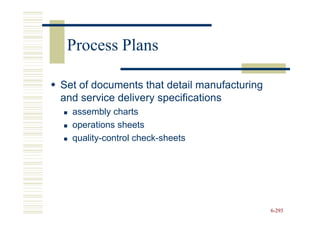 Process Plans

Set of documents that detail manufacturing
and service delivery specifications
  assembly charts
  operations sheets
  quality-control check-sheets




                                             6-293
 