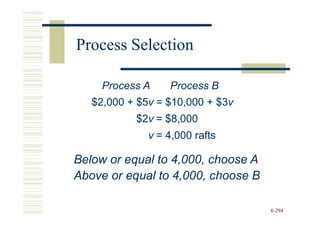 Process Selection

     Process A    Process B
   $2,000 + $5v = $10,000 + $3v
            $5v             $3v
           $2v = $8,000
           $2v
              v = 4,000 rafts

Below or equal to 4,000, choose A
Above or equal to 4,000, choose B

                                    6-294
 
