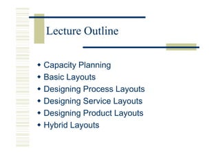 Lecture Outline

Capacity Planning
Basic Layouts
Designing Process Layouts
Designing Service Layouts
Designing Product Layouts
Hybrid Layouts
 