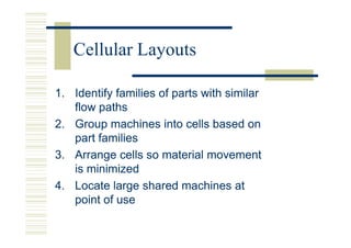 Cellular Layouts

1. Identify families of parts with similar
   flow paths
2. Group machines into cells based on
   part families
3. Arrange cells so material movement
   is minimized
4. Locate large shared machines at
   point of use
 