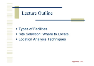 Lecture Outline


Types of Facilities
Site Selection: Where to Locate
Location Analysis Techniques




                                  Supplement 7-374
                                             7-
 