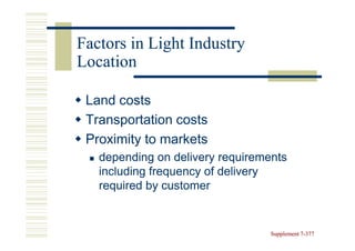 Factors in Light Industry
Location

 Land costs
 Transportation costs
 Proximity to markets
   depending on delivery requirements
   including frequency of delivery
   required by customer


                                  Supplement 7-377
                                             7-
 