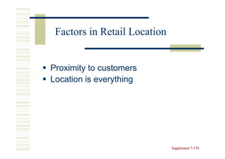 Factors in Retail Location


Proximity to customers
Location is everything




                              Supplement 7-378
                                         7-
 