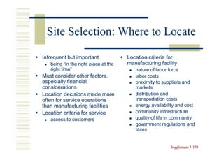 Site Selection: Where to Locate

Infrequent but important              Location criteria for
   being “in the right place at the   manufacturing facility
   right time”                           nature of labor force
Must consider other factors,             labor costs
especially financial                     proximity to suppliers and
considerations                           markets
Location decisions made more             distribution and
often for service operations             transportation costs
than manufacturing facilities            energy availability and cost
Location criteria for service            community infrastructure
   access to customers                   quality of life in community
                                         government regulations and
                                         taxes


                                                         Supplement 7-379
                                                                    7-
 