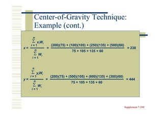 Center-of-
      Center-of-Gravity Technique:
      Example (cont.)
      n
     ∑ xiWi
     i=1          (200)(75) + (100)(105) + (250)(135) + (500)(60)
x=            =                                                       = 238
         n                     75 + 105 + 135 + 60
      ∑ Wi
     i=1


     n
     ∑ yiWi
     i=1          (200)(75) + (500)(105) + (600)(135) + (300)(60)
y=            =                                                      = 444
      n                        75 + 105 + 135 + 60
      ∑ Wi
     i=1




                                                                    Supplement 7-394
                                                                               7-
 