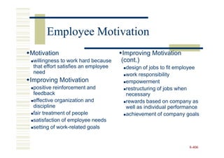 Employee Motivation
Motivation                            Improving Motivation
 willingness to work hard because    (cont.)
 that effort satisfies an employee    design of jobs to fit employee
 need                                 work responsibility
Improving Motivation                  empowerment
 positive reinforcement and           restructuring of jobs when
 feedback                             necessary
 effective organization and           rewards based on company as
 discipline                           well as individual performance
 fair treatment of people             achievement of company goals
 satisfaction of employee needs
 setting of work-related goals


                                                                8-406
 