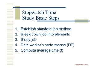 Stopwatch Time
     Study Basic Steps

1.   Establish standard job method
2.   Break down job into elements
3.   Study job
4.   Rate worker’s performance (RF)
5.   Compute average time (t)


                                      Supplement 8-435
                                                 8-
 