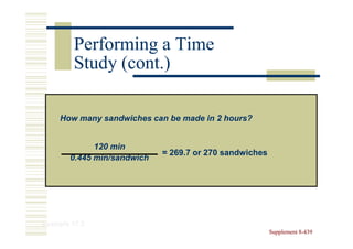 Performing a Time
         Study (cont.)

     How many sandwiches can be made in 2 hours?


             120 min
                            = 269.7 or 270 sandwiches
       0.445 min/sandwich




Example 17.3
                                                        Supplement 8-439
                                                                   8-
 