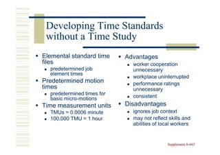 Developing Time Standards
 without a Time Study
Elemental standard time     Advantages
files                         worker cooperation
  predetermined job           unnecessary
  element times
                              workplace uninterrupted
Predetermined motion          performance ratings
times                         unnecessary
  predetermined times for     consistent
  basic micro-motions
        micro-
Time measurement units      Disadvantages
  TMUs = 0.0006 minute        ignores job context
  100,000 TMU = 1 hour        may not reflect skills and
                              abilities of local workers


                                             Supplement 8-443
                                                        8-
 