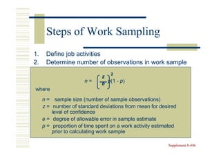 Steps of Work Sampling
1.    Define job activities
2.    Determine number of observations in work sample
                                  2
                              z
                      n=      e p(1 - p)
where
     n = sample size (number of sample observations)
     z = number of standard deviations from mean for desired
         level of confidence
     e = degree of allowable error in sample estimate
     p = proportion of time spent on a work activity estimated
         prior to calculating work sample

                                                          Supplement 8-446
                                                                     8-
 