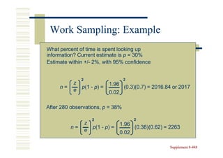 Work Sampling: Example
What percent of time is spent looking up
information? Current estimate is p = 30%
Estimate within +/- 2%, with 95% confidence
                +/-


               2                      2
           z                  1.96
     n=        p(1 - p) =             (0.3)(0.7) = 2016.84 or 2017
           e                  0.02

After 280 observations, p = 38%

                       2                    2
                   z                 1.96
          n=           p(1 - p) =           (0.38)(0.62) = 2263
                   e                 0.02

                                                          Supplement 8-448
                                                                     8-
 