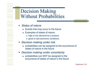 Decision Making
Without Probabilities
States of nature
  Events that may occur in the future
  Examples of states of nature:
     high or low demand for a product
     good or bad economic conditions
Decision making under risk
  probabilities can be assigned to the occurrence of
  states of nature in the future
Decision making under uncertainty
  probabilities can NOT be assigned to the
  occurrence of states of nature in the future

                                                   Supplement 1-46
                                                              1-
 