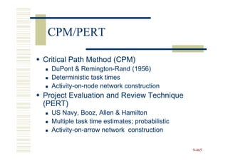 CPM/PERT

Critical Path Method (CPM)
  DuPont & Remington-Rand (1956)
             Remington-
  Deterministic task times
  Activity-on-
  Activity-on-node network construction
Project Evaluation and Review Technique
(PERT)
  US Navy, Booz, Allen & Hamilton
  Multiple task time estimates; probabilistic
  Activity-on-
  Activity-on-arrow network construction

                                                9-465
 