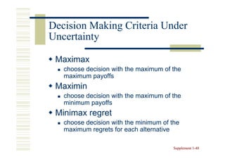 Decision Making Criteria Under
Uncertainty

 Maximax
   choose decision with the maximum of the
   maximum payoffs
 Maximin
   choose decision with the maximum of the
   minimum payoffs
 Minimax regret
   choose decision with the minimum of the
   maximum regrets for each alternative

                                        Supplement 1-48
                                                   1-
 